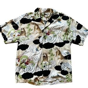 World Jungle Mens XL Dragon Tiger Mt Fuji Japanese Print Cotton Rayon Shirt Tan‎